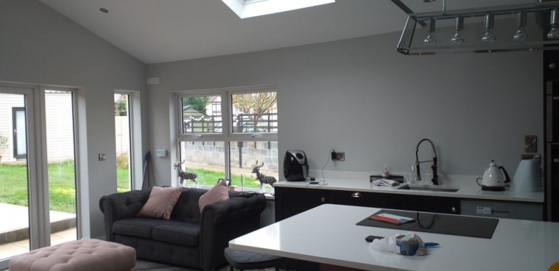 Inside view of a new house extension in Dublin showing kitchen area and  patio doors -  by Old Craft General Building, Leinster builders.